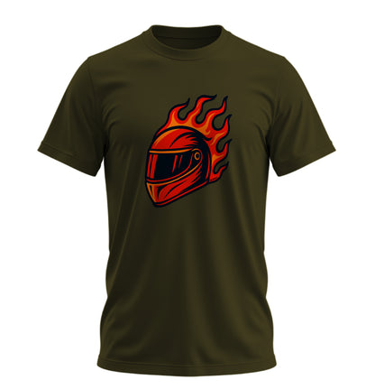 Fire on Helmet - 10 Farklı Renk - Unisex Rahat Kalıp Baskılı Tişört - Moto Garage Collection